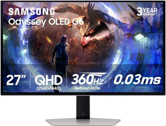 Main image of Samsung 27" Odyssey QD-OLED G6 (G60SD) QHD 360Hz 0.03ms FreeSync Premium Pro Gaming Monitor with Sleek Metal Design - LS27DG602SNXZA