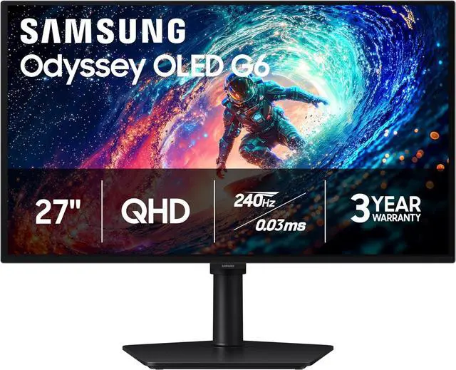 SAMSUNG Odyssey G6 27 inch QHD 2K 1440P 240Hz AMD FreeSync Premium HDR10 OLED Gaming Computer Monitor with Height Adjustable, Swivel, Pivot & Tilt Stand LS27HG612SNXZA