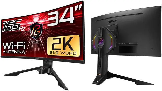 Alt view image 4 of 10 - ASRock Phantom PG34WQ15R3A 34" WQHD 3440 x 1440 (2K) 165 Hz (144Hz and higher) Wi-Fi Antenna FreeSync Premium (AMD Adaptive Sync) Built-in Speakers Curved Gaming Monitor