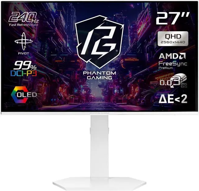 Main image of ASRock Phantom Gaming 27 inch QHD 2K 1440P 240Hz AMD FreeSync Premium 0.03ms HDR10 OLED White Gaming Computer Monitor with Height Adjustable, Swivel, Pivot & Tilt Stand PGO27QSA-W