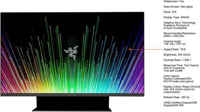 Alt view image 6 of 15 - Razer 27" 165 Hz IPS WQHD Gaming Monitor FreeSync Premium & G-Sync Compatible HDMI, DisplayPort, USB RZ39-03500100-R3U1