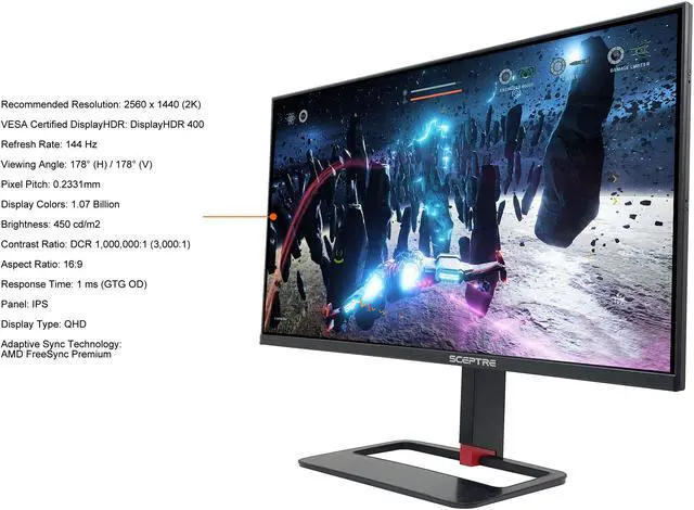 Alt view image 4 of 8 - Sceptre 27" QHD IPS LED Monitor 2560 x 1440P 2K HDR400 HDMI DisplayPort up to 144Hz 1ms Height Adjustable, Build-in Speakers, Gunmetal Black 2021 (E275B-QPN168)