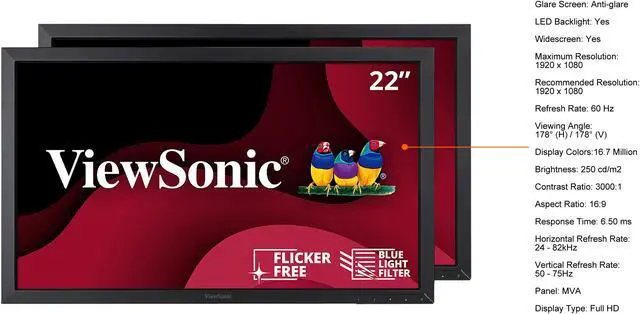 Alt view image 2 of 7 - ViewSonic VA2252SM_H2 22 Inch Dual Pack Head-Only 1080p LED Monitors with DisplayPort DVI and VGA