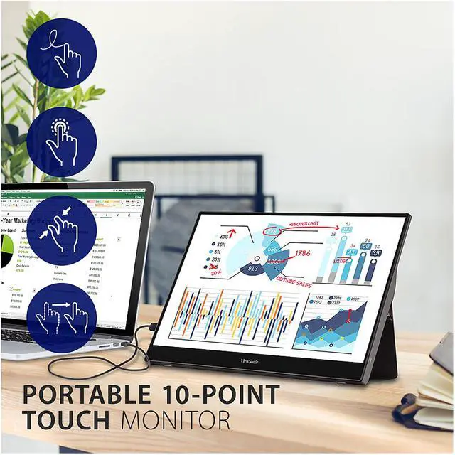 Alt view image 2 of 19 - ViewSonic TD1655 15.6 Inch 1080p Portable Monitor with IPS Touchscreen, 2 Way Powered 60W USB C, Eye Care, Dual Speakers, Frameless Design, Built in Stand with Cover
