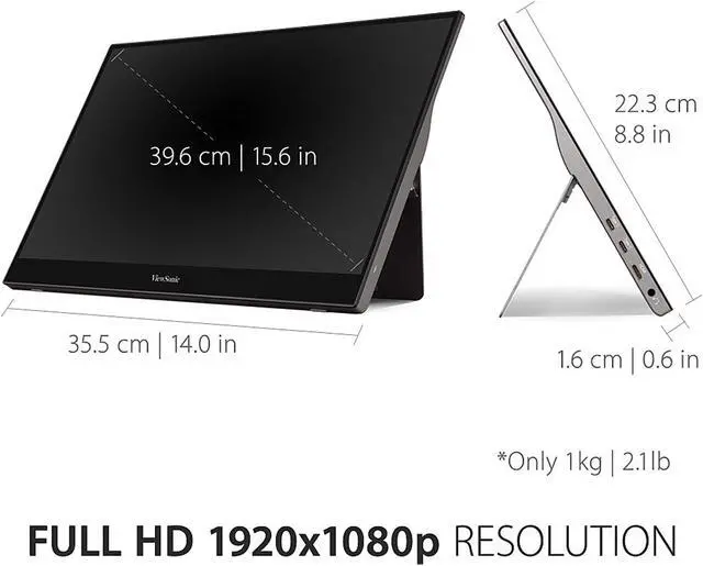 Alt view image 4 of 19 - ViewSonic TD1655 15.6 Inch 1080p Portable Monitor with IPS Touchscreen, 2 Way Powered 60W USB C, Eye Care, Dual Speakers, Frameless Design, Built in Stand with Cover