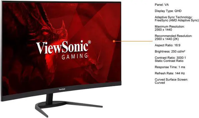 Alt view image 11 of 16 - ViewSonic VX3268-2KPC-MHD 32 Inch 1440p QHD Curved 144Hz 1ms Gaming Monitor with FreeSync Premium Eye Care HDMI and DP