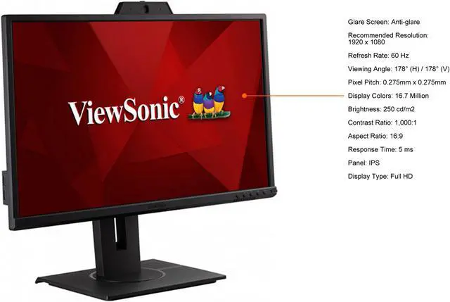 Alt view image 12 of 18 - ViewSonic VG2440V 24 Inch 1080p IPS Video Conferencing Monitor with Integrated 2MP Camera, Microphone, Speakers, Eye Care, Ergonomic Design, HDMI DisplayPort VGA Inputs for Home and Office