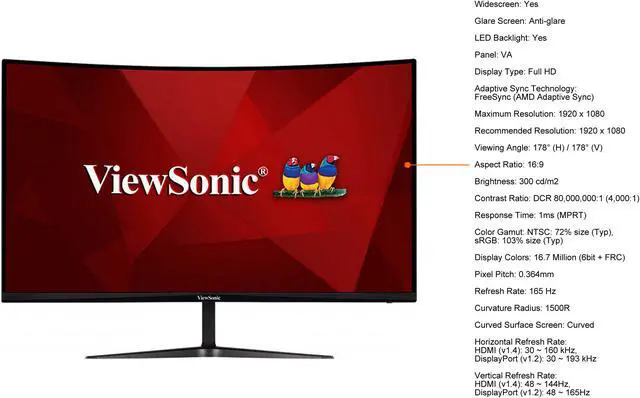 Alt view image 11 of 18 - ViewSonic VX3218-PC-MHD 32 Inch Full HD 1080p 165Hz 1ms Curved Gaming Monitor with Adaptive-Sync Eye Care Frameless HDMI and Display Port