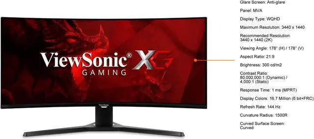 Alt view image 10 of 16 - ViewSonic VX3418-2KPC 34 Inch 21:9 UltraWide WQHD 1440p 144Hz 1ms Curved Gaming Monitor with Adaptive-Sync Eye Care HDMI and Display Port