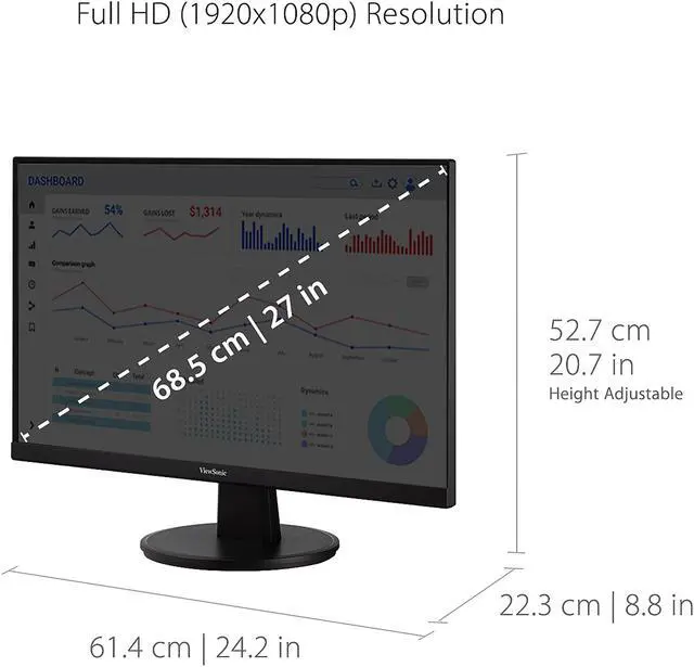 Alt view image 6 of 19 - ViewSonic VA2747-MHJ 27 Inch Full HD 1080p Monitor with Advanced Ergonomics, Ultra-Thin Bezel, Adaptive Sync, 75 Hz, Eye Care, HDMI, VGA Inputs for Home and Office