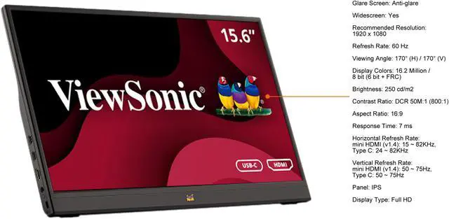 Alt view image 4 of 10 - ViewSonic VA1655 15.6 Inch 1080p Portable IPS Monitor with Mobile Ergonomics, USB-C, and HDMI for Home and Office