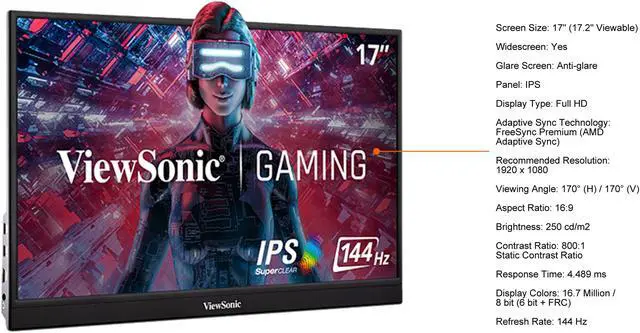 Alt view image 4 of 13 - ViewSonic VX1755 17 Inch 1080p Portable IPS Gaming Monitor with 144Hz, Mobile Ergonomics, AMD FreeSync Premium, USB-C, and HDMI for Home and Esports