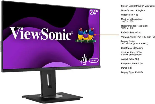 Alt view image 4 of 16 - ViewSonic VG2448A 24 Inch IPS 1080p Ergonomic Monitor with Ultra-Thin Bezels, HDMI, DisplayPort, USB, VGA, and 40 Degree Tilt for Home and Office