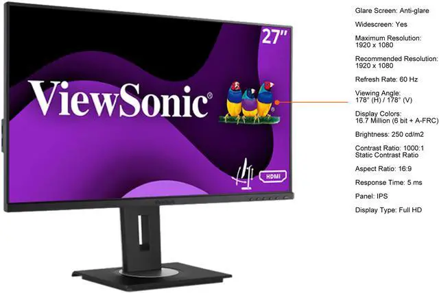 Alt view image 4 of 15 - ViewSonic VG2748A 27 Inch IPS 1080p Ergonomic Monitor with Ultra-Thin Bezels, HDMI, DisplayPort, USB, VGA, and 40 Degree Tilt for Home and Office
