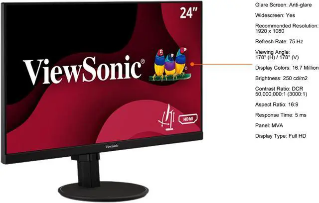 Alt view image 4 of 11 - ViewSonic VA2447-MHJ 24 Inch Full HD 1080p Monitor with Advanced Ergonomics, Ultra-Thin Bezel, AMD FreeSync, 75Hz, Eye Care, and HDMI, VGA Inputs for Home and Office