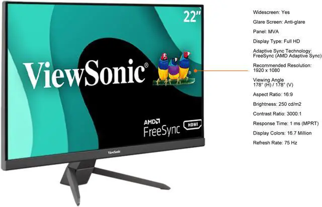 Alt view image 4 of 16 - ViewSonic VX2267-MHD 22 Inch 1080p Gaming Monitor with 75Hz, 1ms, Ultra-Thin Bezels, FreeSync, Eye Care, HDMI, VGA, and DP