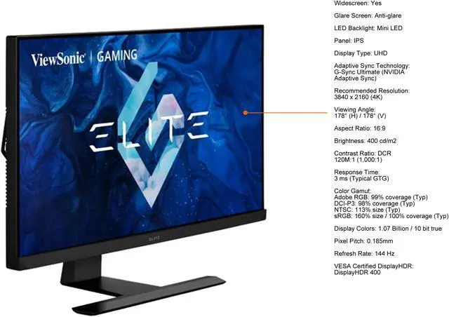 Alt view image 5 of 14 - ViewSonic 32" 144 Hz IPS UHD IPS Mini LED Gaming Monitor NVIDIA G-Sync Ultimate Adobe RGB: 99% coverage (Typ)
DCI-P3: 98% coverage (Typ)
NTSC: 113% size (Typ)
sRGB: 160% size / 100% coverage (Typ) HDMI, DisplayPort, USB, Audio XG321UG