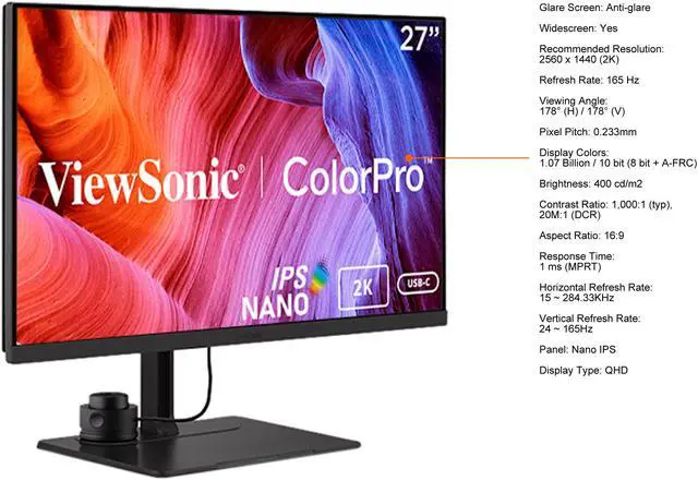Alt view image 4 of 11 - ViewSonic VP2776 27 Inch 1440p Premium USB-C Monitor with 165Hz, ColorPro Wheel, Pantone Validated, Delta E<2 Color Accuracy, HDMI, USB, DisplayPort for Professional Home and Office
