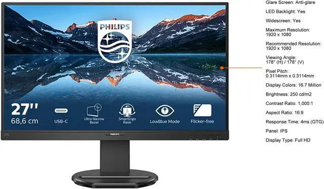 Alt view image 2 of 2 - PHILIPS 273B9 27" Full HD 1920 x 1080 D-Sub, HDMI, DisplayPort Built-in Speakers Monitor