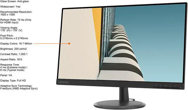 Alt view image 3 of 5 - Lenovo C24-20 24" (23.8" viewable) Full HD 1920 x 1080 75 Hz (Only for HDMI input) D-Sub, HDMI FreeSync (AMD Adaptive Sync) Monitor