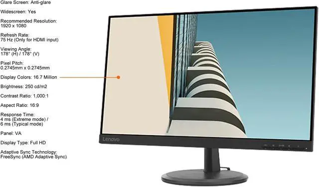 Alt view image 4 of 8 - Lenovo 24" (23.8" viewable) 75 Hz (Only for HDMI input) VA FHD Monitor 4 ms (Extreme mode) / 6 ms (Typical mode) FreeSync (AMD Adaptive Sync) D-Sub, HDMI Flat Panel C24-20