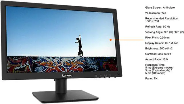 Alt view image 5 of 8 - Lenovo D19-10 19" (18.5 Viewable) 61E0KAR6US 1366 x 768 WLED 60 Hz D-Sub, HDMI Monitor, TN