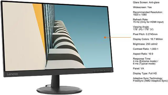 Alt view image 5 of 5 - Lenovo 24" (23.8" Viewable) 75 Hz (Only for HDMI Input) VA FHD Monitor (Grade A Refurbished) 4 ms (Extreme mode) / 6 ms (Typical mode) FreeSync (AMD Adaptive Sync) D-Sub, HDMI D24-20