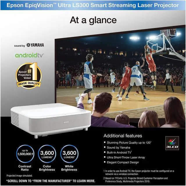 Alt view image 5 of 8 - Epson EpiqVision Ultra LS300 3-chip 3LCD Smart Laser Projector, 3600 Lumens Color & White Brightness, HDR, Android TV, Sound by Yamaha Speakers, Bluetooth, Sports, Gaming, Movies & Streaming - White