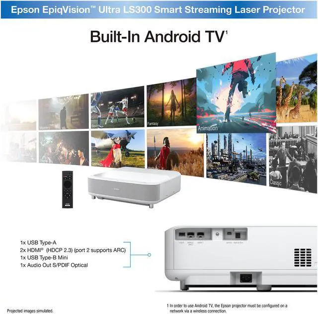 Alt view image 8 of 8 - Epson EpiqVision Ultra LS300 3-chip 3LCD Smart Laser Projector, 3600 Lumens Color & White Brightness, HDR, Android TV, Sound by Yamaha Speakers, Bluetooth, Sports, Gaming, Movies & Streaming - White