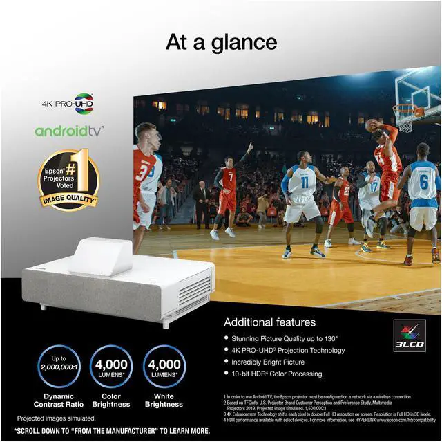 Alt view image 5 of 8 - Epson EpiqVision Ultra LS500 Laser Ultra Short Throw Projection TV, 4000 lumens, 4K PRO-UHD, HDR, Android TV, HDMI 2.0, Built-in Speakers, Sports & Streaming (Projector Only) - White