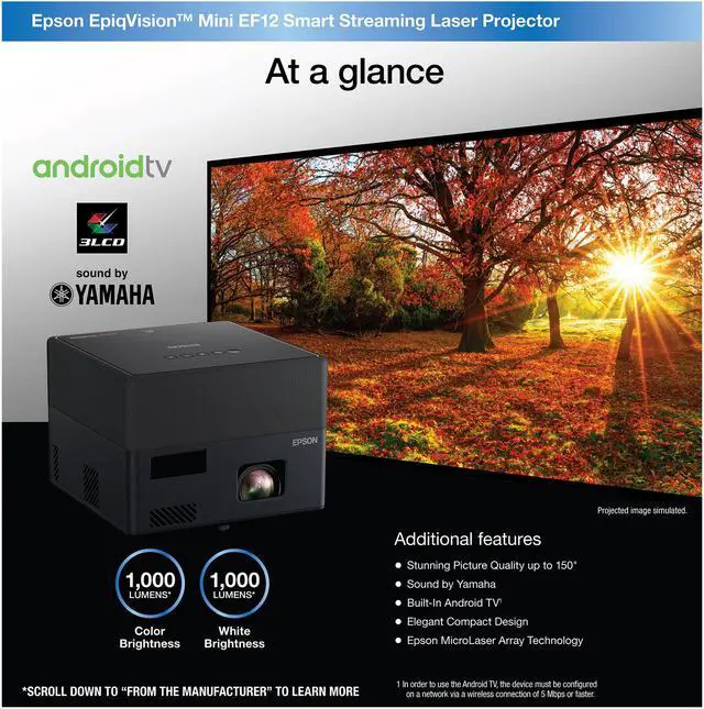 Alt view image 6 of 9 - Epson EpiqVision Mini EF12 Smart Streaming Laser Projector, HDR, Android TV, Portable, sound by Yamaha, 3LCD, Full HD 1080p, 1000 lumens Color Brightness (Color Light Output), 1000 lumens White Bright