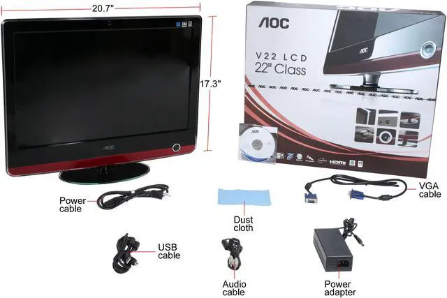 Alt view image 7 of 7 - AOC V22 Piano-black Glossy 22" HDMI Widescreen WLED Backlight LCD Monitor 280 cd/m2 DC 100000:1 Built in Speakers