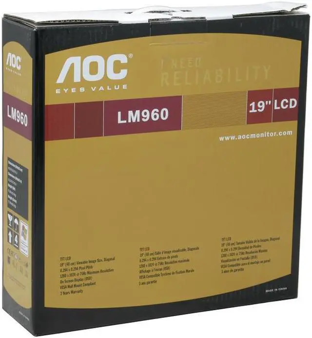 Alt view image 9 of 9 - AOC 19" Active Matrix, TFT LCD SXGA LCD Monitor 8 ms D-Sub LM960