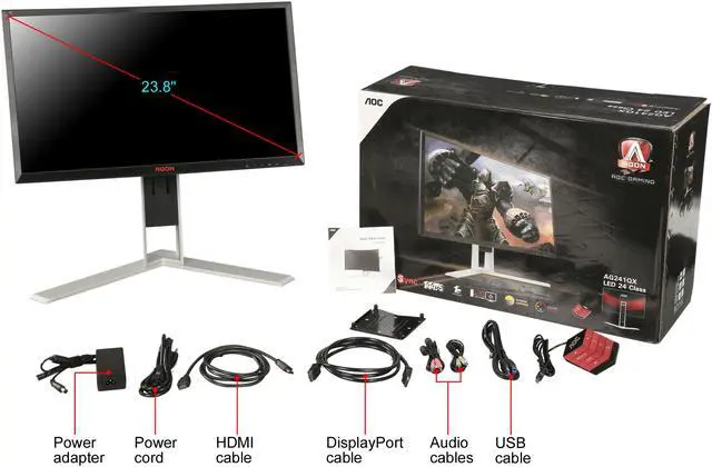 Alt view image 11 of 11 - AOC AGON AG241QX 24" Gaming Monitor, QHD 2K 1440P, G-SYNC Compatible + AdaptiveSync, 144Hz, 1ms, Height Adjustable, DisplayPort/HDMI/DVI-D/VGA, USB 3.0 hub, QuickSwitch keypad