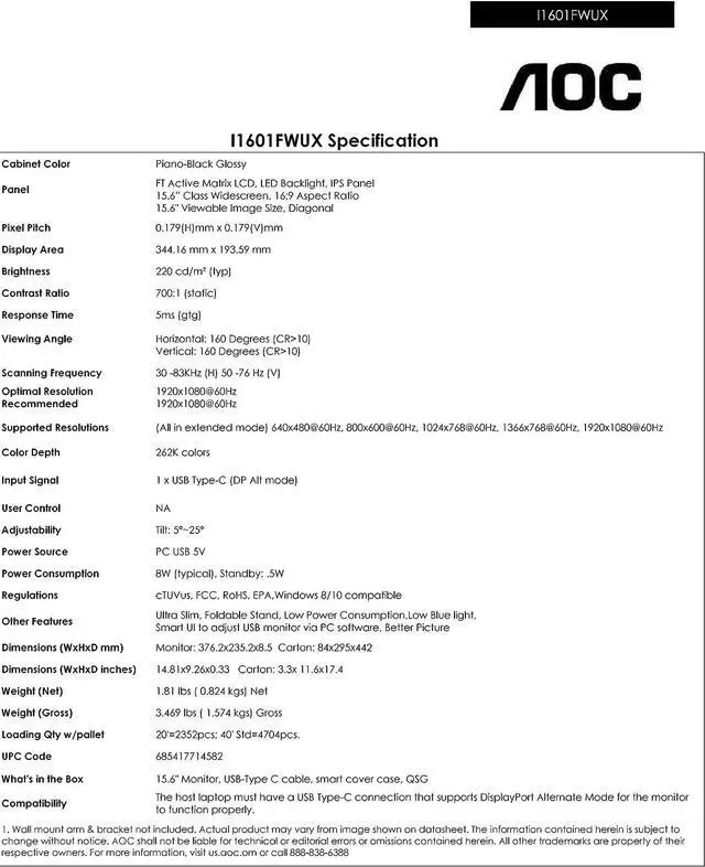 Alt view image 14 of 14 - AOC 15.6" FHD 1080p USB-C Powered Portable, IPS panel, USB Type-C, Tilt, Auto-pivot, Sleek design, 220 cd/m2, 2017 MacBook Pro & XPS compatible (I1601FWUX)