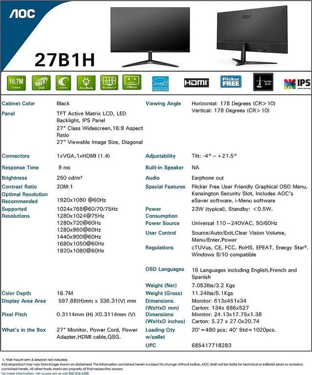 Alt view image 9 of 9 - AOC 27B1H 27" Full HD 1920x1080 monitor, 3-sided frameless, IPS Panel, HDMI/VGA, AOC Flicker-Free, ClearVision, 20M:1 Contrast