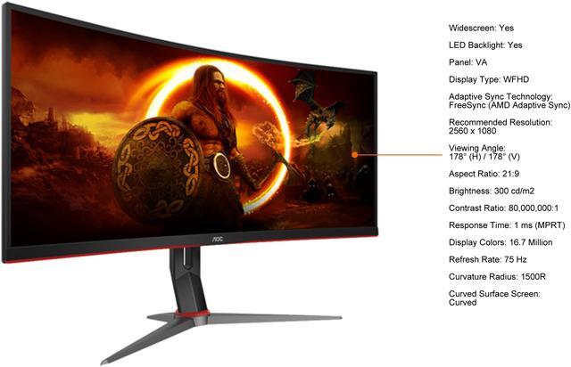 Alt view image 5 of 8 - AOC CQ34G2 34" WFHD 2560 x 1080 75Hz HDMI, DisplayPort, Audio FreeSync (AMD Adaptive Sync) Gaming Monitor
