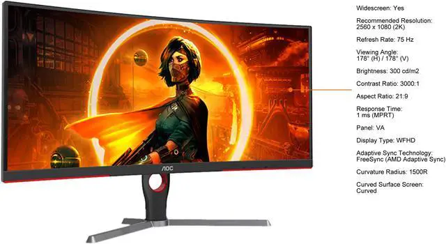 Alt view image 5 of 15 - AOC 30" 75 Hz VA WFHD Monitor 1 ms (MPRT) FreeSync (AMD Adaptive Sync) HDMI, DisplayPort, Audio Curved CQ30G3E