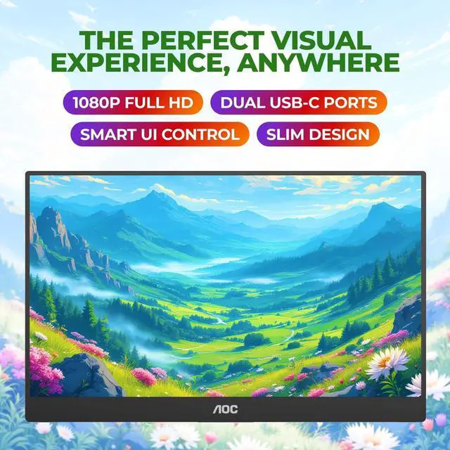 Alt view image 2 of 7 - AOC 16T20 Portable Monitor 15.6" FHD 1080p IPS Display, USB-C x2, Mini HDMI, Built-in Speakers, Travel Monitor with Smart Cover, Compatible with Laptops, MacBook, Gaming Console Ready