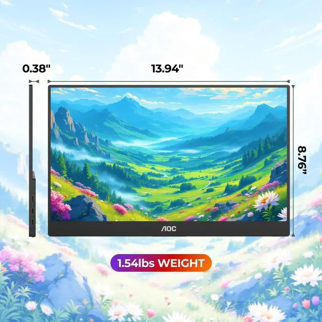 Alt view image 7 of 7 - AOC 16T20 Portable Monitor 15.6" FHD 1080p IPS Display, USB-C x2, Mini HDMI, Built-in Speakers, Travel Monitor with Smart Cover, Compatible with Laptops, MacBook, Gaming Console Ready