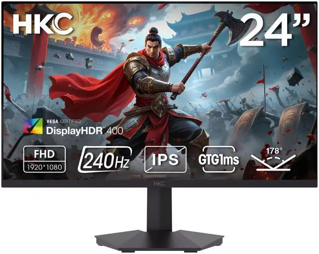 Main image of HKC G24H3D 23.8" 240Hz Gaming Monitor, Full HD Fast IPS Display, 1ms MPRT, 90% DCI-P3, HDR400, HDMI 2.0 + DP 1.4, Hardware Low Blue Light, Tilt Adjustable, VESA Mount – Black