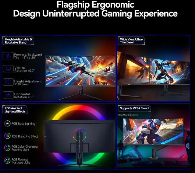 Alt view image 13 of 19 - HKC CG345UK 34" Curved VA Gaming Monitor UltraWide 3440×1440 240Hz 1ms DIC HDR400 90% DCI-P3 Adjustable HAS DP+HDMI 2.1