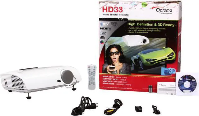 Alt view image 8 of 8 - Optoma HD33 1080P 1920x1080 1800 Lumens DLP 3D Home Theater Projector 4000:1