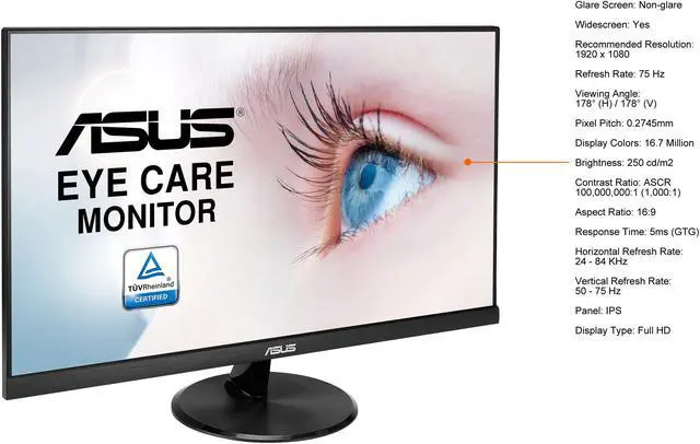 Alt view image 4 of 7 - ASUS VP249HE 24" (Actual size 23.8") Full HD 1920 x 1080 Up to 75Hz HDMI VGA Asus Eye Care with Ultra Low Blue-Light Filter & Flicker-Free Frameless LED Backlit IPS Monitor