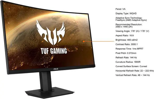 Alt view image 8 of 19 - ASUS TUF Gaming 32" 1440P HDR Curved Monitor (VG32VQ) - QHD (2560 x 1440), 144Hz, 1ms, Extreme Low Motion Blur, Speaker, Adaptive-Sync, FreeSync Premium, VESA Mountable, DisplayPort, HDMI