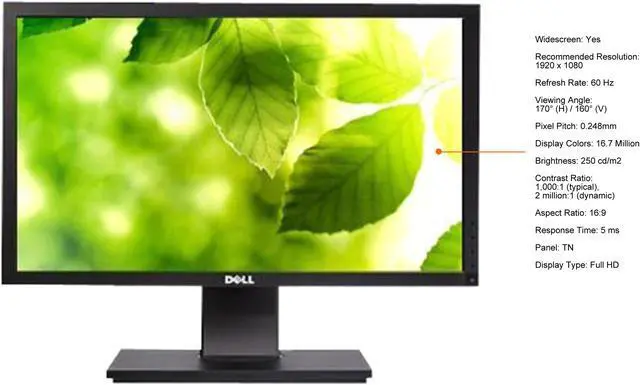 Alt view image 3 of 5 - Dell 21.5" 60 Hz TN FHD Monitor 5 ms D-Sub, DVI, USB P2211H