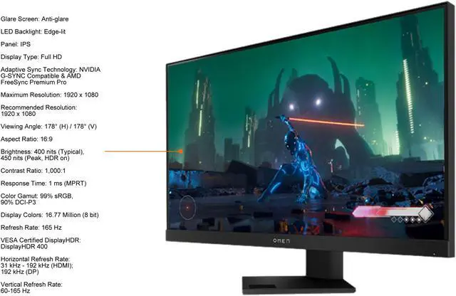 Alt view image 4 of 6 - HP OMEN 25i 24.5" Full HD 1920 x 1080 165Hz IPS 1ms MPRT HDR 400 99% sRGB HDMI DisplayPort Tilt VESA G-Sync Compatible FreeSync Premium Pro Gaming Monitor