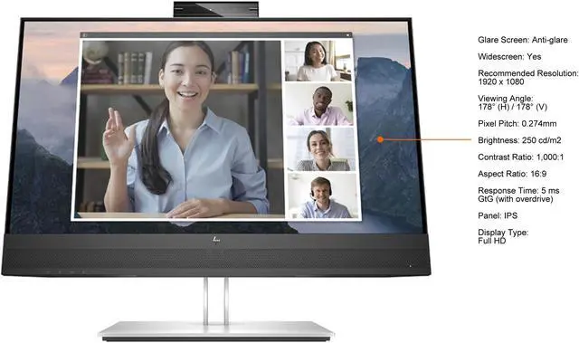 Alt view image 3 of 5 - HP 24" (23.8" Viewable) IPS FHD IPS Conferencing Monitor 5 ms GtG (with overdrive) D-Sub, HDMI, DisplayPort, USB Flat Panel E24mv G4