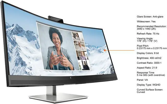 Alt view image 5 of 8 - HP 34" 75 Hz VA WQHD USB-C Conferencing Monitor 5 ms GtG (with overdrive) Curved E Series E34m G4