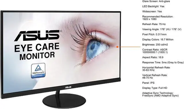 Alt view image 5 of 9 - ASUS VL279HE Eye Care Monitor - 27" IPS, 75Hz, Adaptive-Sync/FreeSync, Frameless, Slim, Wall Mountable, Flicker Free, Blue Light Filter